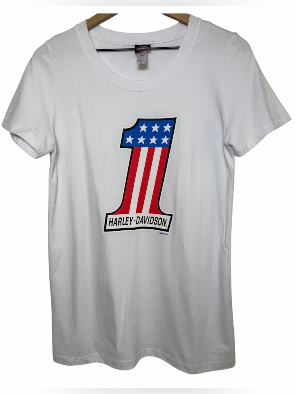 Harley-Davidson White #1 Logo American Flag Tee Women's Large